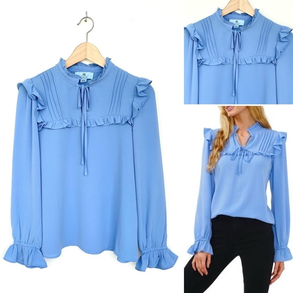 CeCe Ruffle Crepe Blouse Split Neckline with Tie Pintucks Long Sleeve Small - Picture 2 of 15